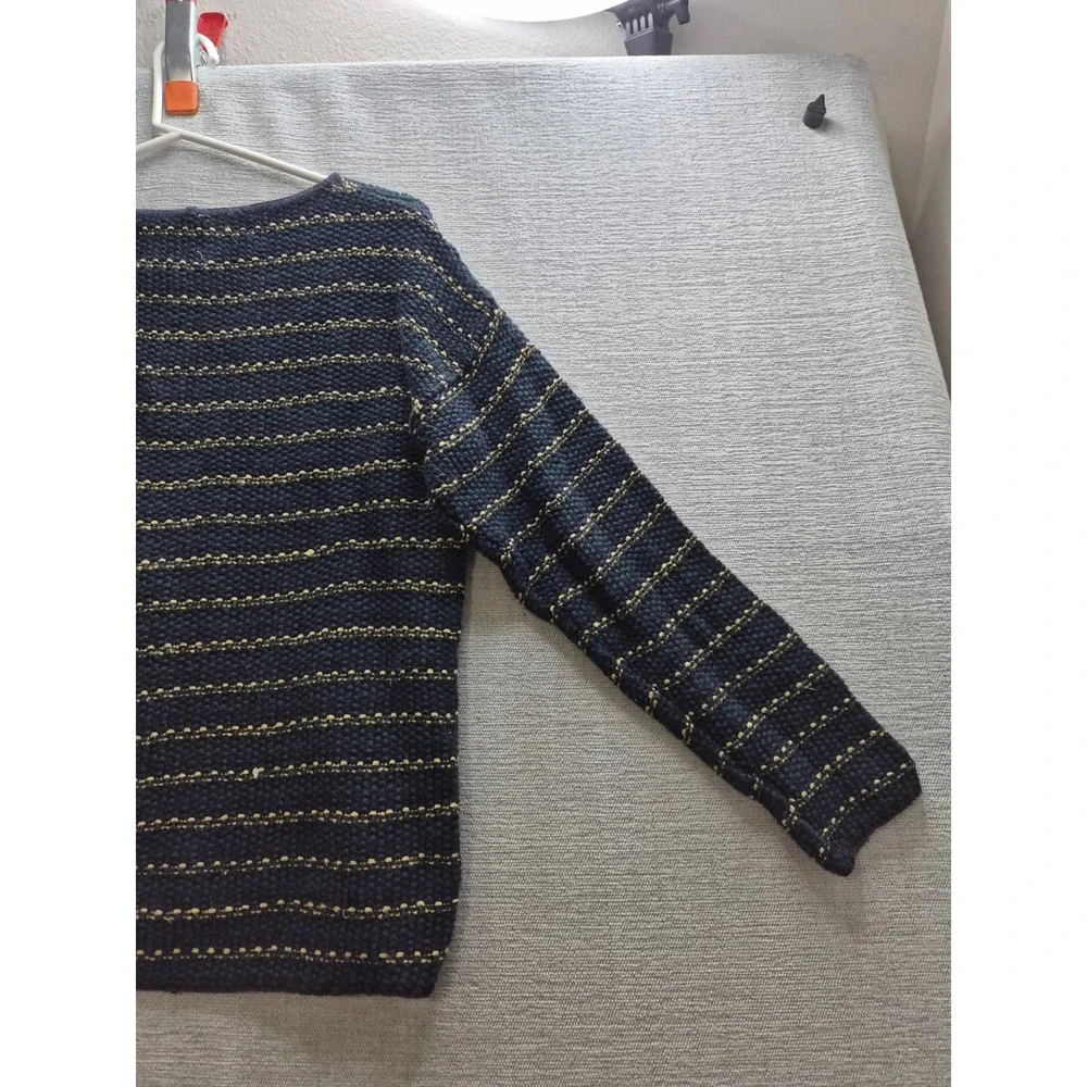Express Tricot Sweater Womens Small Blue Striped Ramie Chunky Knit Boat Neck